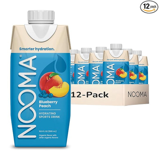 NOOMA - Hydrating Sports Drink - Electrolyte Drink with Organic Coconut Water - Organic & No Added Sugars - Rapid Hydration - 30 Calories & 505mg Electrolytes - Blueberry Peach - 12 Pack (16.9oz each)