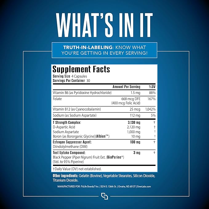 Siren Labs D1-T Strength Testosterone Booster for Men Mass Gainer with D-Aspartic Acid - Monster Muscle Mass-Building - Test Booster Suppression of Estrogen Anabolic Muscle Growth (120 Capsules)