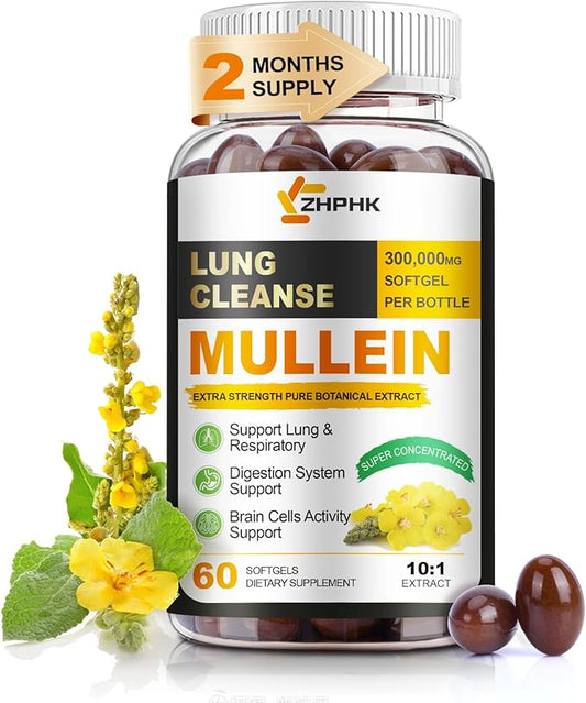 Mullein Leaf Extract for Lungs Softgels, Lung Cleanse Lung Detox for Smokers, Respiratory Support Lung and Bronchial Support, Vegan, Non-GMO, Immune Digestive Support, 60-Count, 60 Days Supply