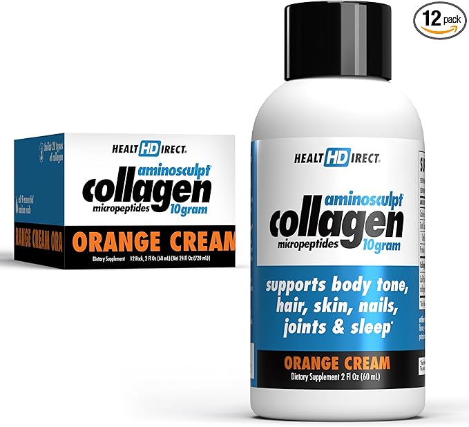 HEALTH DIRECT – Medical-Grade Liquid Collagen Shots – AminoSculpt Sugar-Free – Orange Cream – 12 Servings, (12pk, 2oz Shots) – Good for Joints, Bones, & Sleep – Better Hair, Skin & Nails