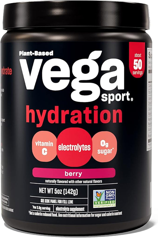 Vega Sport Hydration Electrolyte Powder, Berry - Post Workout Recovery Drink for Women and Men, Vitamin C, Vegan, Keto, Sugar Free, Dairy Free, Gluten Free, Non GMO, 5 oz