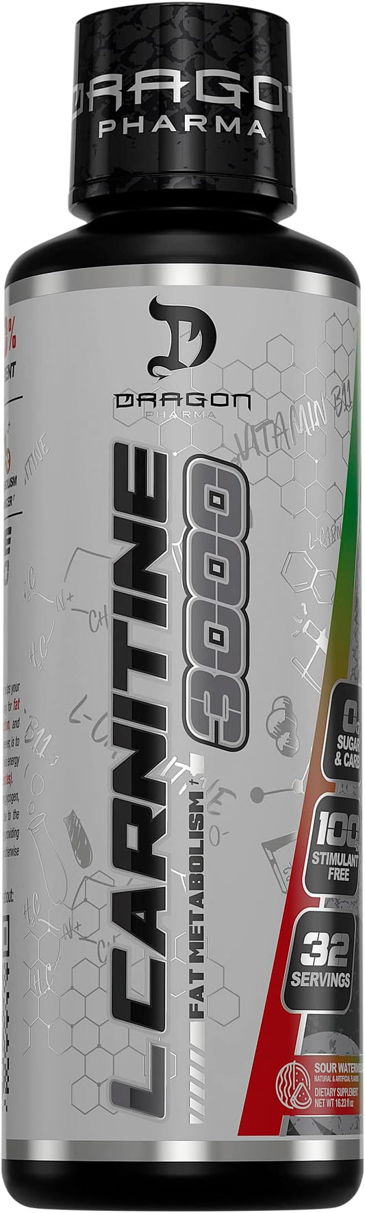DRAGON PHARMA L-Carnitine 3000, Amino Acid Supplement, Increase Available Energy and Workout Harder, Supports Appetite Control (32 Servings, Sour Watermelon)