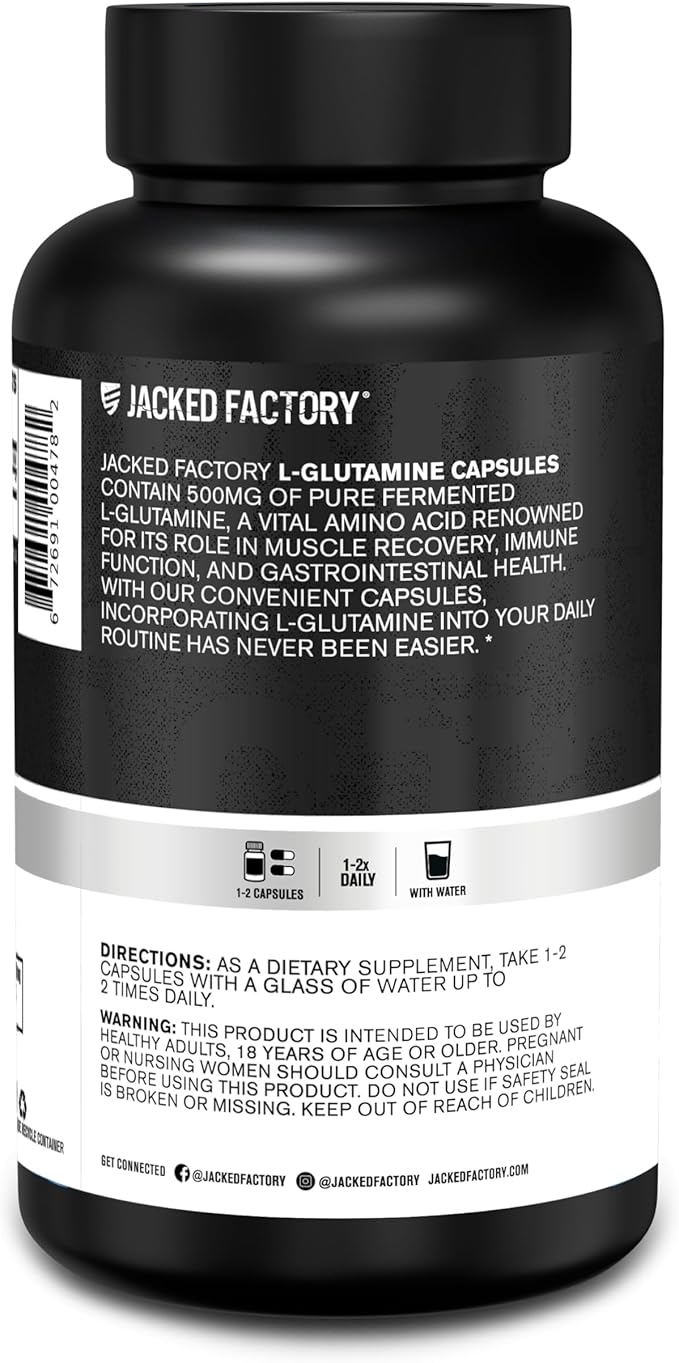 Jacked Factory L-Glutamine Capsules 500mg - Vegan Fermented L Glutamine Supplement for Post Workout Muscle Recovery, Immunity, Digestive Health - 240 Capsules