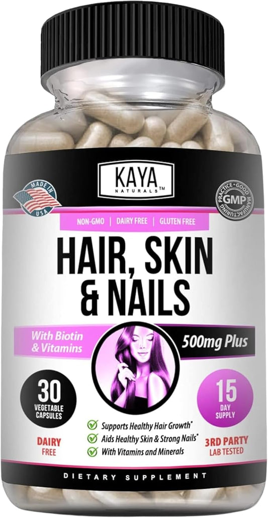 Kaya Naturals Hair Skin Nail Capsules with Biotin - Hair and Skin Vitamins, Vitamin D Vitamin B-12 A Folic Acid Support, Hair Support Vitamin Supplement for Hair Skin Nails- 30 Count Capsules