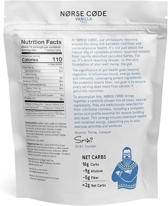 Vanilla Plant-Based Protein Powder – 20g Protein, Vegan, Keto, Dairy-Free, Zero Sugar, Fiber, Upcycled Barley, Rice & Pea Protein – 1.33 lbs [14 Servings]