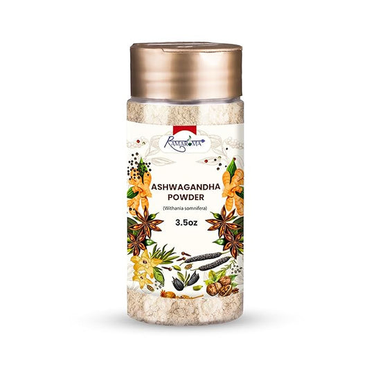 Ramaroma Ashwagandha Root Powder 3.5 oz (100g), Premium Withania Somnifera, Dual Shifter Jar for Easy Use