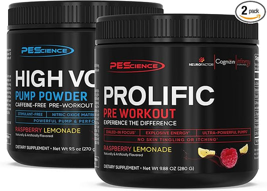 PEScience Pre Workout Stack – Prolific & High Volume, Rasberry Lemonade, Nitric Oxide Booster – 40 & 36 Scoops, L Arginine Nitrate, L Citrulline, Pre Workout Powder for Men & Women