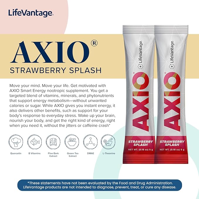 LifeVantage - AXIO - Regular Energy Drink Powder,Strawberry Splash - with B Vitamin, DMAE, L-Theanine, Quercetin, Green Tea and Pine Bark - 30 Packets