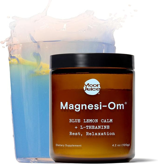 Moon Juice - Magnesi-Om, Blue Lemon - Jar (30 Servings) - Support Brain Health & Rest - Magnesium Powder - L-Theanine - Regularity - Glass Bottle - 100% Traceable - Vegan & Non GMO - 4.2oz