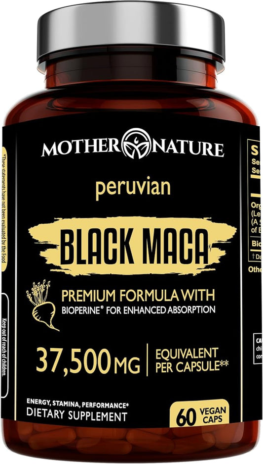 Mother Nature 37,500mg 50x Strength Organic High-Potency Peruvian Black Maca Root Capsules for Men 100% Pure Maca Peruana 50:1 Extract to Boost Stamina, Enegy, Muscle Gain - 60ct