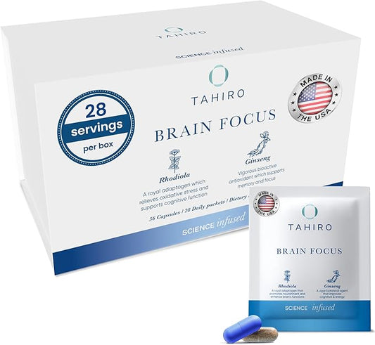 TAHIRO Brain Focus Supplement – Brain Supplements for Memory and Focus – Natural Brain Support Supplement with Gingko Biloba, Panax Ginseng, Herbal Extracts – Non-GMO Vegan Brain Booster – 28-Packets
