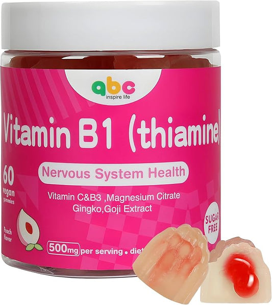 Vitamin B1 Gummies Chewable Thiamine 500mg & Vitamin B3 & Vitamin C,Sugar Free - Non GMO,Vegan,Natural Peach Flavor - Thiamine B1 Supplement for Adults & Kids