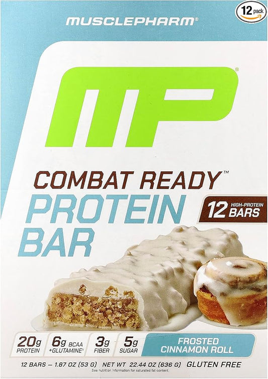 MusclePharm Combat Ready Protein Bar, Cinnamon Roll High Protein Bars, Combat Cravings, Fuel Performance & Meet Energy Demands, 20g Protein from Whey Protein, 3g Fiber, Gluten Free, 12 Bars