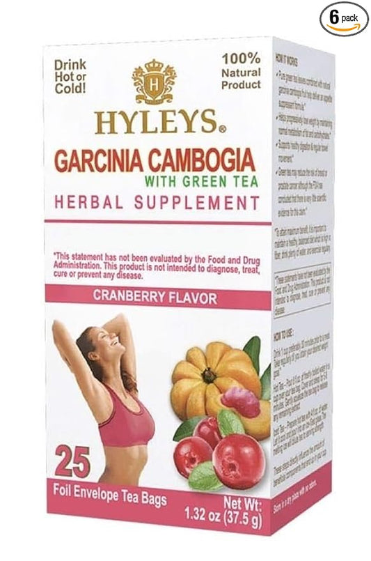 HYLEYS Tea Garcinia Cambogia Green Tea Cranberry Flavor - 25 Tea Bags (6 Pack - 150 Tea Bags Total)