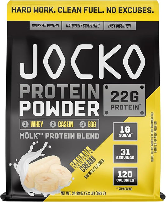 Jocko Fuel Mölk Whey Protein Powder 22g Low Sugar Monk Fruit Blend - Muscle Recovery & Growth, Packaging May Vary (31 Servings, Banana Cream)