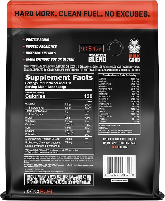 Jocko Fuel Mölk Whey Protein Powder 22g Low Sugar Monk Fruit Blend - Muscle Recovery & Growth, Packaging May Vary (31 Servings, Chocolate Peanut Butter)