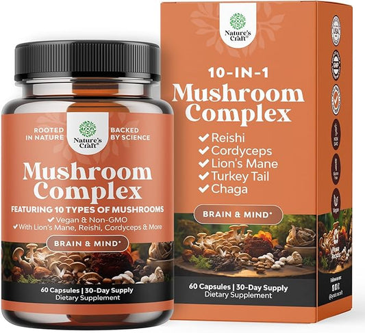 Advanced Mushroom Complex Capsules - 10X Lions Mane Supplement Capsules with Reishi, Chaga, Maitake & Shiitake for Brain Health, Memory Support & Focus - Nootropic for Mental Clarity - 60 Caps