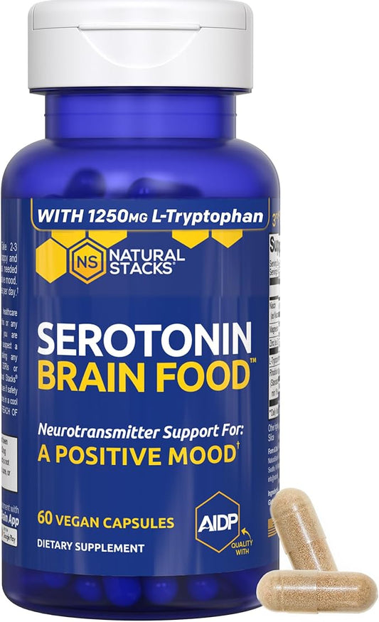 Serotonin Brain Food - 1250mg L-Tryptophan & 400mg Rhodiola Rosea Supplement - Mood Support Supplement for Stress Relief - Neurotransmitter Support with Magnesium Glycinate & Zinc - 60 Capsules