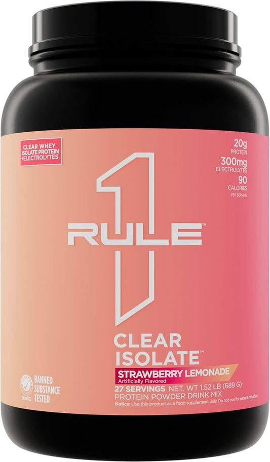 Rule One Proteins Clear Isolate - 20g All-whey Isolate Protein, Over 9g EAAs, 300mg of Electrolyte Minerals, 90 Calories, Light, Crisp, and Refreshing Taste (27 Servings, Strawberry Lemonade)