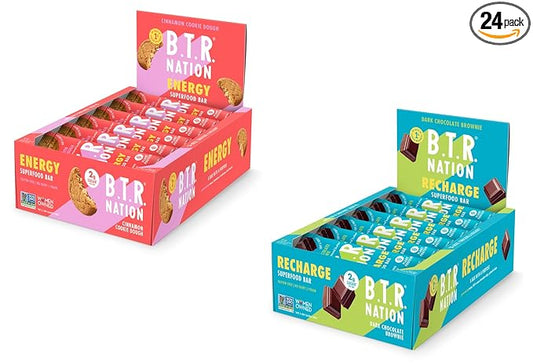 B.T.R. Nation Superfood Keto Protein Bars, Plant Based Vegan - Cinnamon Cookie Dough & Dark Chocolate Brownie | 12 Pack of Each | Low Carb, GF & Calorie, No Sugar Alcohols, Boosted with Superfoods