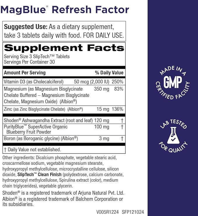 Purity Products MagBlue Refresh Factor Super Boost - Magnesium Bisglycinate, Shoden Ashwagandha, Vitamin D3, Zinc and Boron - 90 Tablets