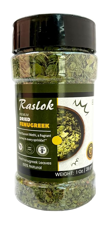 Raslok Dried Fenugreek Spice Leaves Herbs All Natural Kasoori Methi | 1oz - 28gm | Popular Seasoning Indian Spices| All Natural | Vegan | Gluten Free| NON-GMO | Kasuri Methi Organic | Dried Herbs