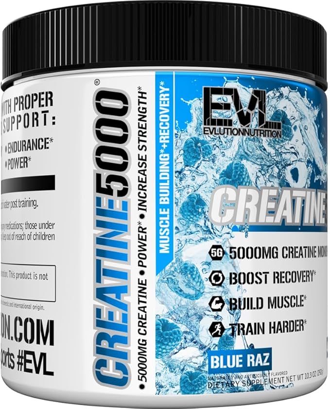 Evlution Nutrition Creatine 5000 - Supports Faster Recovery, Lean Muscle Growth & Performance - Pre & Post Workout Powder - 5000mg Pure Creatine Monohydrate Per Serving - 40 Servings - Blue Raz