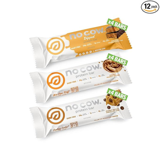 No Cow High Protein Bars, Peanut Butter Lovers Variety Pack - Healthy Snacks, 20g Vegan Protein, High Fiber, Low Sugar, Keto Friendly, Dairy & Gluten Free (12 Count)