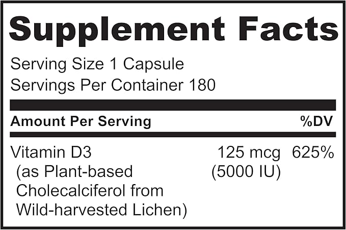 NATURELO Vitamin D - 5000 IU - Plant Based from Lichen - Natural D3 Supplement for Immune System, Bone Support, Joint Health - High Potency - Vegan - Non-GMO - Gluten Free - 180 Capsules (Pack of 2)