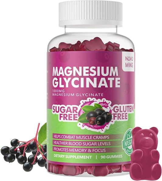 90 CT Magnesium Glycinate Gummies 1000mg - Sugar Free Magnesium Potassium Supplement with Vitamin D, B6, CoQ10 for Calm Mood & Sleep Support - 90 Elderberry Gummies