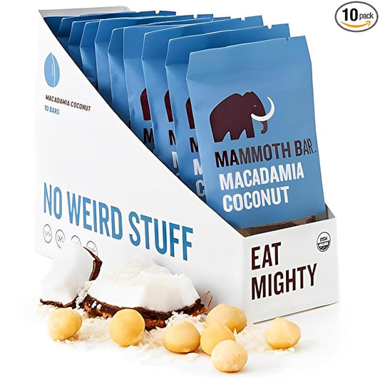 Mammoth Bar Macadamia Coconut Bar - 10 Organic Protein Bars – Prebiotic • Paleo • Gluten Free • Egg Protein • GMO Free • Raw • Premium Nuts