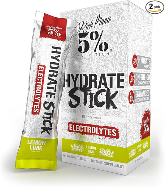 5% Nutrition Hydrate Stick Hydration Packets | Sport Electrolyte Powder Mix Packets with Coconut Water | 2-Pack | (Blueberry Lemonade + Lemon Lime)