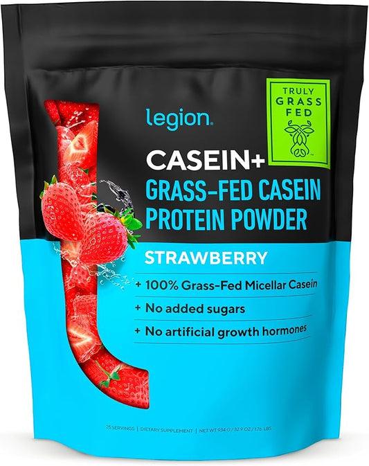 LEGION Casein+ Casein Protein Powder (Strawberry) - Slow-Release Micellar Casein Protein Powder - Non-GMO, Gluten-Free & Naturally Sweetened Casein Powder from Grass-Fed Cows (30 Servings)