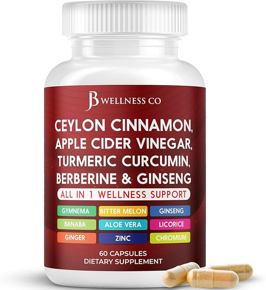 Ceylon Cinnamon, Turmeric, ACV, Ginseng, Aloe Vera, Berberine Plus Banaba, Ginger Root - 60 Capsules