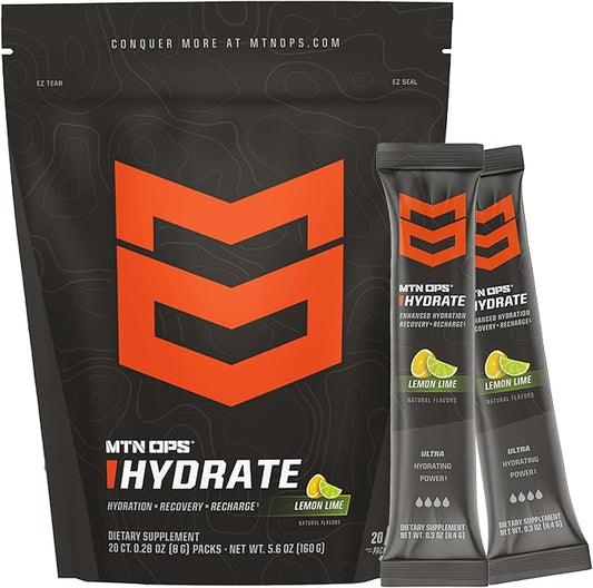 MTN OPS Hydrate Electrolytes Powder Drink Mix, 20 Single Serving On-The-Go Electrolyte Packs with Over 1000mg of Electrolytes per Serving, Lemon Lime