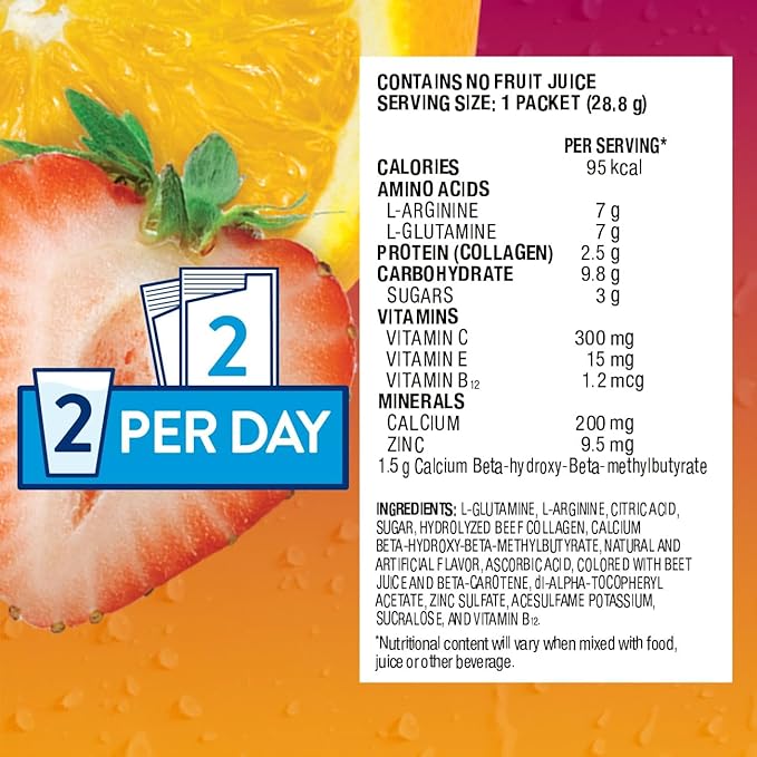 Juven Therapeutic Nutrition Drink Powder Including Collagen Peptides, Amino Acids, and HMB For Wound Healing Support, Fruit Punch, 30 Packets
