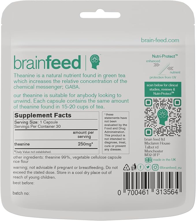 Natural L Theanine Capsules | 250mg Isolated L Theanine Powder from Green Tea Extract | 30 Capsules - 1 Per Day | GABA Supplement Support| Aids Relaxation Without Sedation | Vegan Supplement