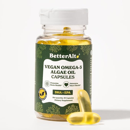 Vegan Omega-3 Softgel Capsules | Algae Oil (1000 mg) | 501 mg DHA | 6 mg EPA | Helps Promote Brain Health | 1-Month Dietary Supplement