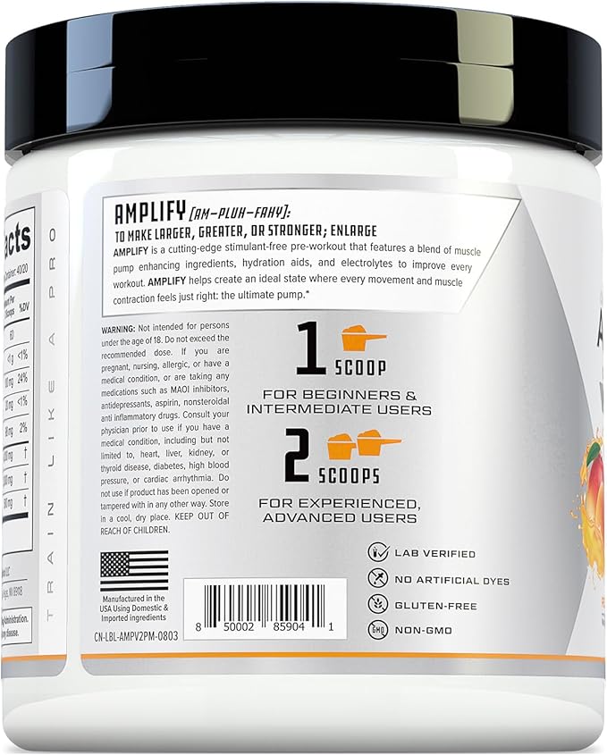 Cutler Nutrition Amplify Pump Pre Workout Caffeine Free Nitric Oxide Booster containing Arginine and Citrulline Pre-Workout for Maximum Pumps