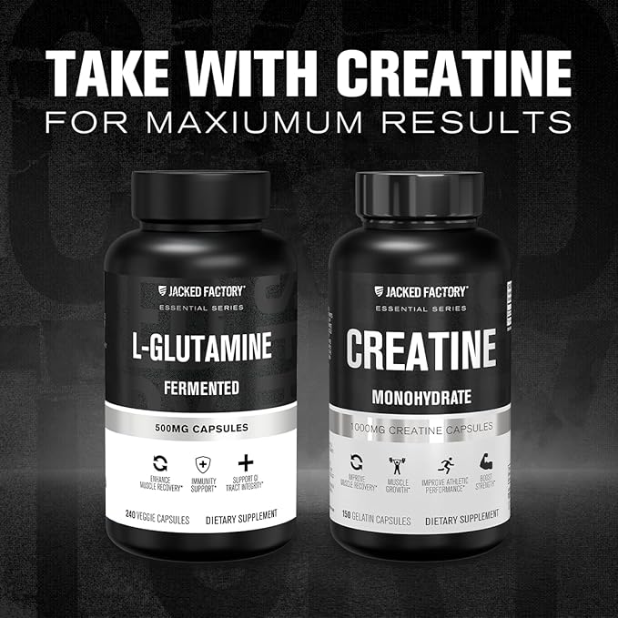 Jacked Factory L-Glutamine Capsules 500mg - Vegan Fermented L Glutamine Supplement for Post Workout Muscle Recovery, Immunity, Digestive Health - 240 Capsules
