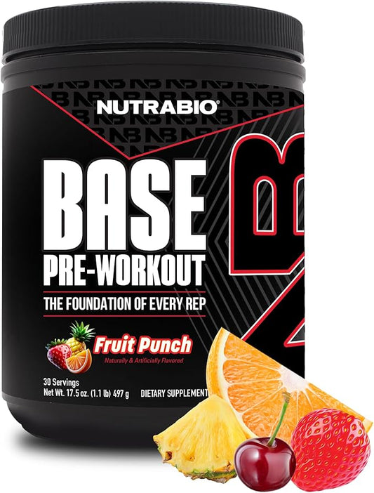 NutraBio Base Pre-Workout Powder 200mg Caffiene, Sustained Energy, Focus, Endurance, Pump, Sugar Free, Clean Preworkout for Men and Women - Beta Alanine, L-Tyrosine, 30 Servings - Fruit Punch