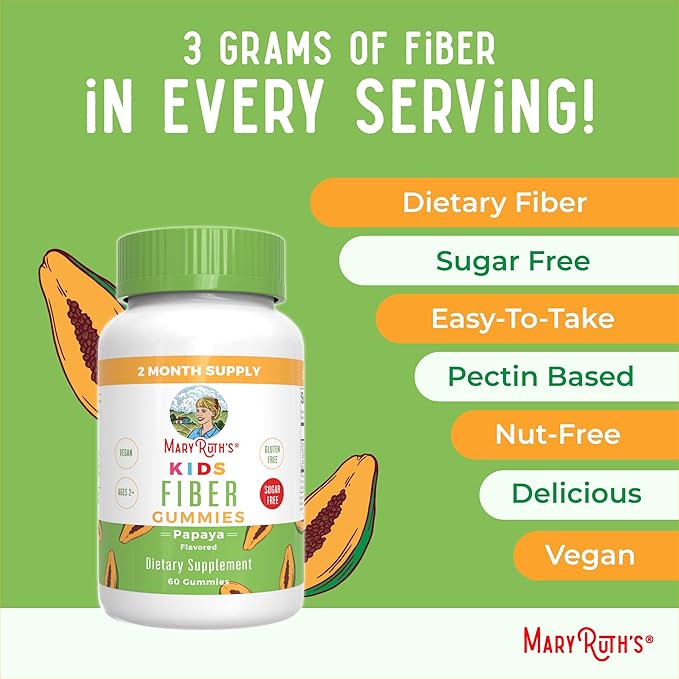 MaryRuth's Fiber Gummies for Kids | 2 Month Supply | Sugar Free | Soluble Fiber Supplement | Gut Health & Digestion Support | 3g Fiber per Gummy | Vegan | 60 Count