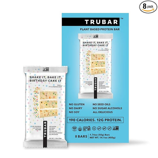 TRUBAR Vegan Protein Bar, Shake it Bake it Birthday Cake it, Gluten Free, Plant Based Protein, Dairy Free, Non GMO, Soy Free, No Sugar Alcohols, 12G Protein, 12G Fiber, 23G Carb, On the Go Snack Bars, 8ct