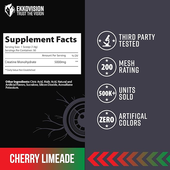 Creatine Monohydrate Powder, Micronized, Cherry Limeade, Pre Workout & Post Workout Supplement for Men & Women, Energy Support, Easy to Mix in Shakes, Smoothies & Beverages, 50 Servings