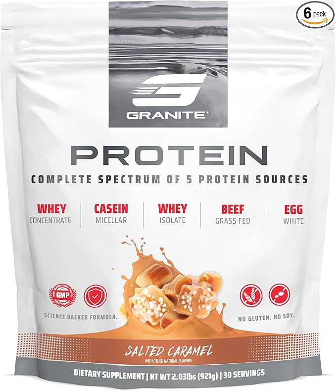 Granite Nutrition Protein Powder - Premium 5-Source Blend (Whey, Casein, Egg, Grass-Fed Beef) for Lean Muscle and Recovery - Salted Caramel Flavor, 30 Servings