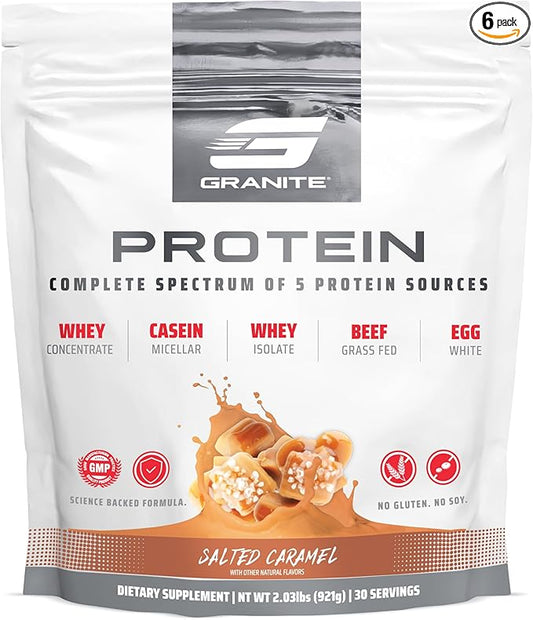 Granite Nutrition Protein Powder - Premium 5-Source Blend (Whey, Casein, Egg, Grass-Fed Beef) for Lean Muscle and Recovery - Salted Caramel Flavor, 30 Servings