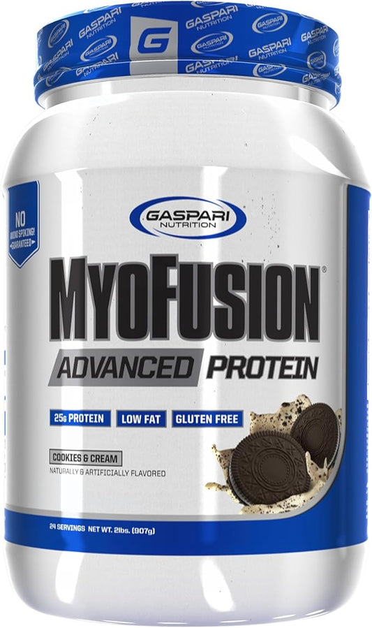 Gaspari Nutrition Myofusion Advanced Protein, Protein Blend with Whey Protein, Casein Protein and Isolate Protein, Low Fat and Gluten Free (2lbs, Cookies and Cream)