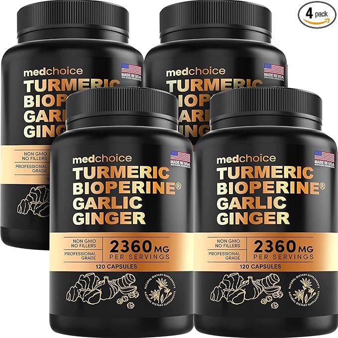 4-in-1 Turmeric and Garlic Supplements with Bioperine 2360 mg Turmeric Ginger Root Capsules with Garlic for Joint, Digestion & Immune Support (120ct, Pack of 4)