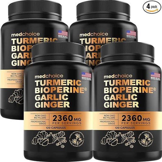 4-in-1 Turmeric and Garlic Supplements with Bioperine 2360 mg Turmeric Ginger Root Capsules with Garlic for Joint, Digestion & Immune Support (120ct, Pack of 4)