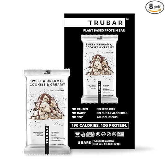 TRUBAR Vegan Protein Bar, Sweet & Dreamy Cookies and Creamy, Gluten Free, Plant Based Protein, Dairy Free, Non GMO, Soy Free, No Sugar Alcohols, 12G Protein, 12G Fiber, 23G Carb, On the Go Snack Bars, 8ct